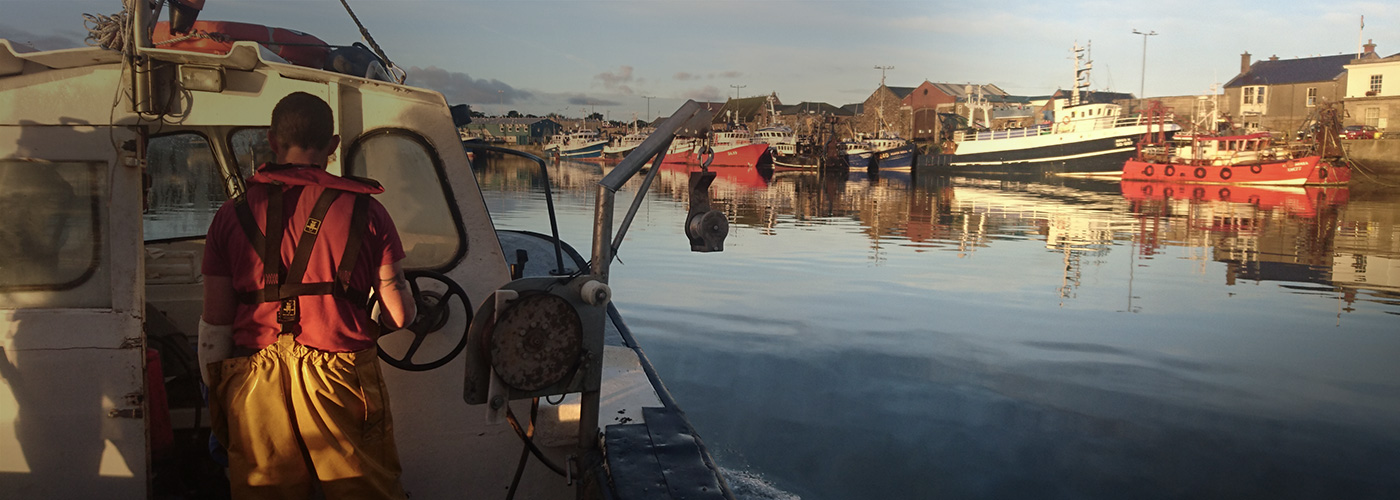 Fisherman on trawler in harbour